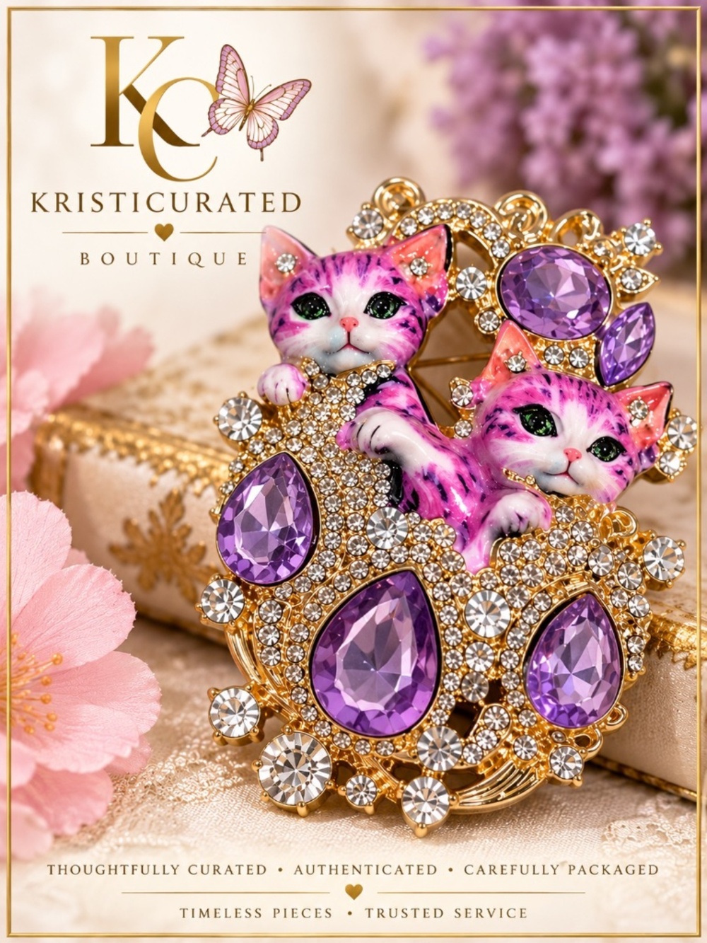 Pink Kitten Duo Statement Brooch Lavender Rhinestones Gold Tone Cat Pin